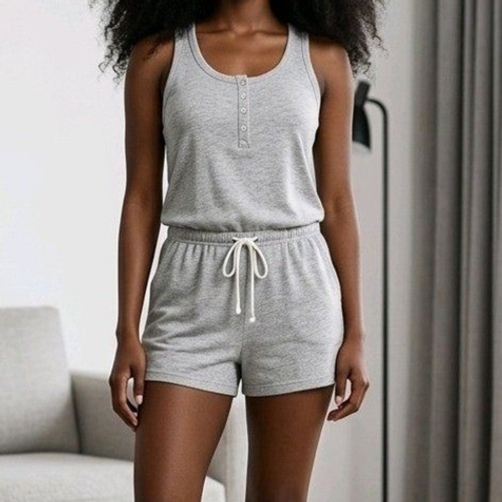 Aerie‎ Romper Gray Heathered Racerback Henley Drawstring Waist Casual Size S